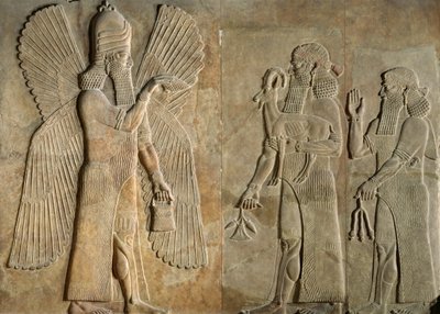 Frieze depicting a winged spirit, a sargon or priest carrying a gazelle and a worshipper carrying a poppy stem, from the Palace of Sargon I, Khorsabad, Iraq by Assyrian
